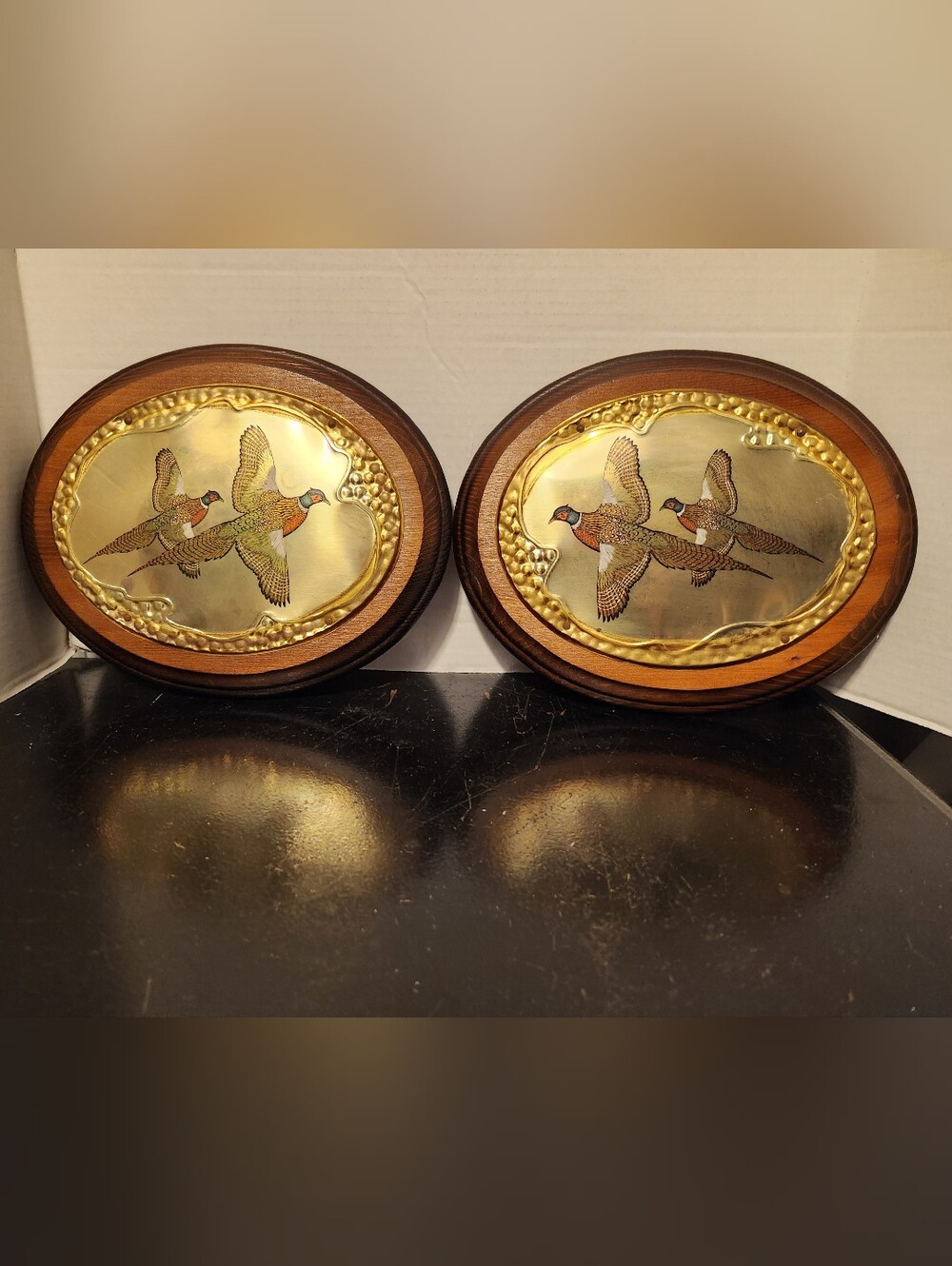 Vintage Brass Flying Pheasant Wall Plaques Set of 2 Wood Oval Hunting Decor